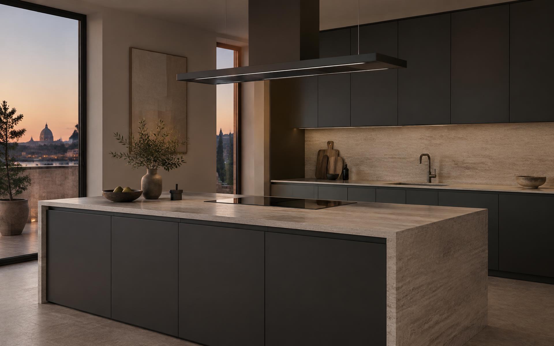 Contemporary kitchen with a flush induction hob and linear extractor hood